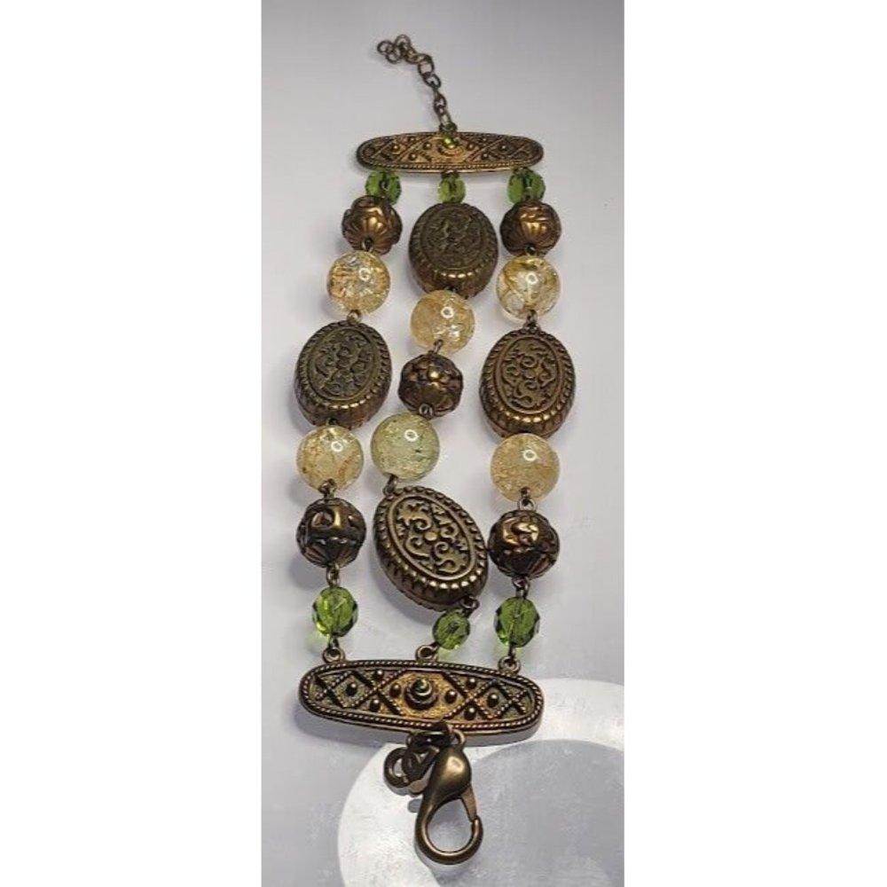 Vintage Brass Green Rhinestone Faceted Frosted Beads Signed DO Bracelet Lobster